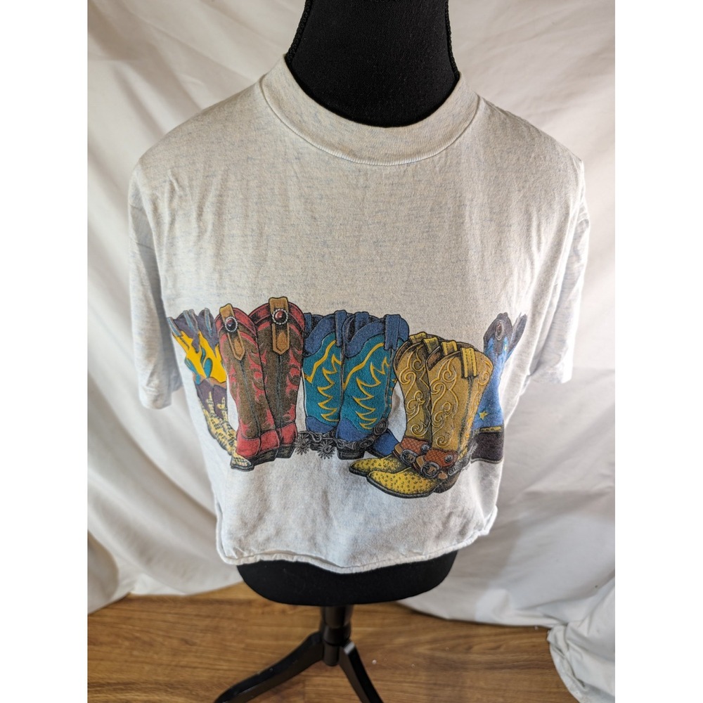 Vtge Cal Cru Buffalo Cowboy Boots Cropped Tee Shirt Rodeo Size M